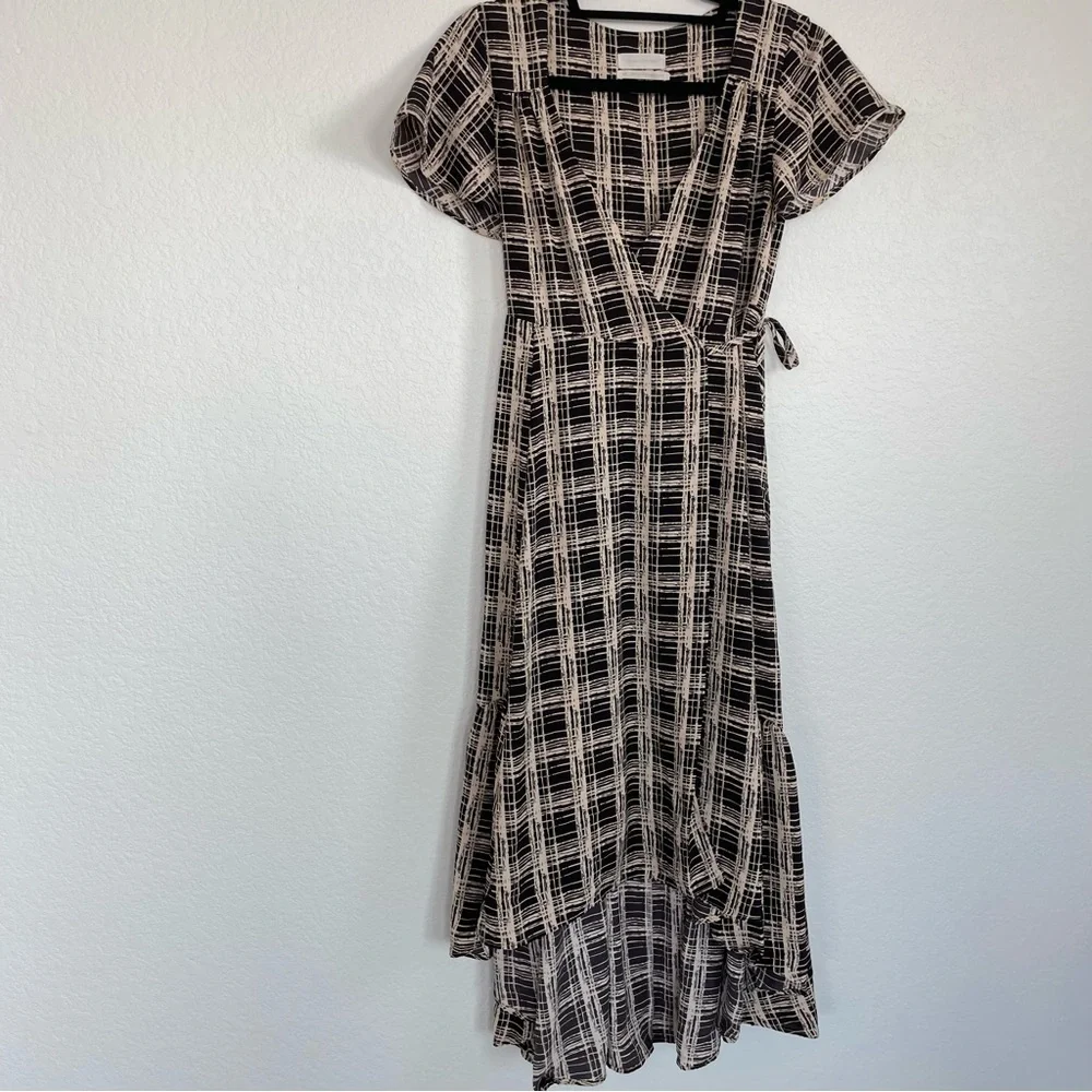 URBAN OUTFITTERS • Black and Cream Plaid Print Wrap Midi Dress • Small